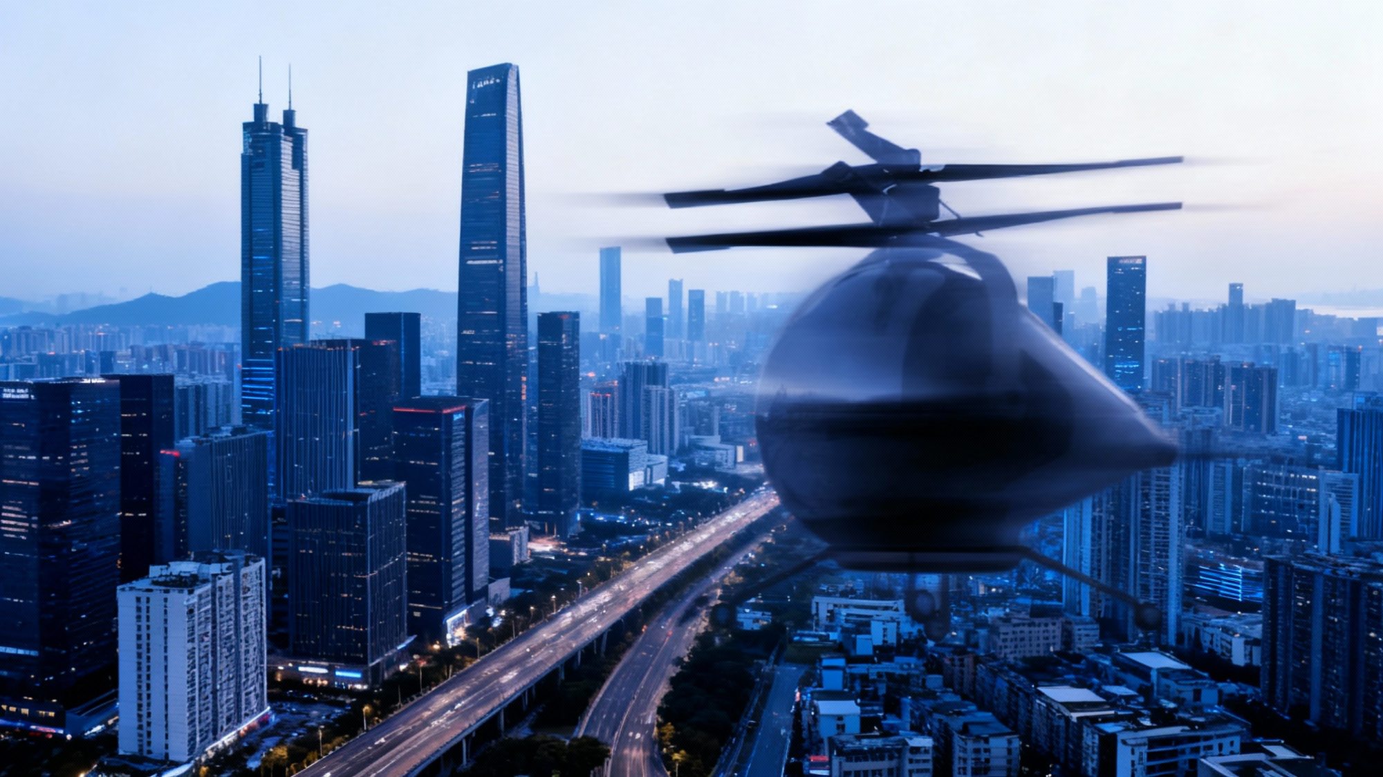 Concept aircraft operating above an urban skyline